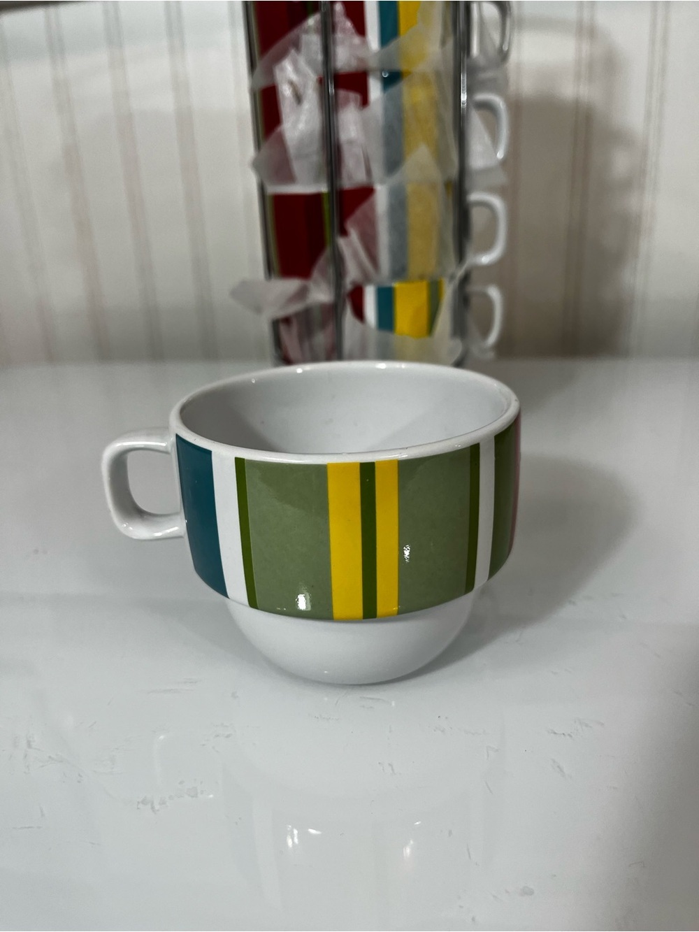 Cost Plus World Market White Ceramic Mug with Colorful Stripe Accents - Picture 4 of 7